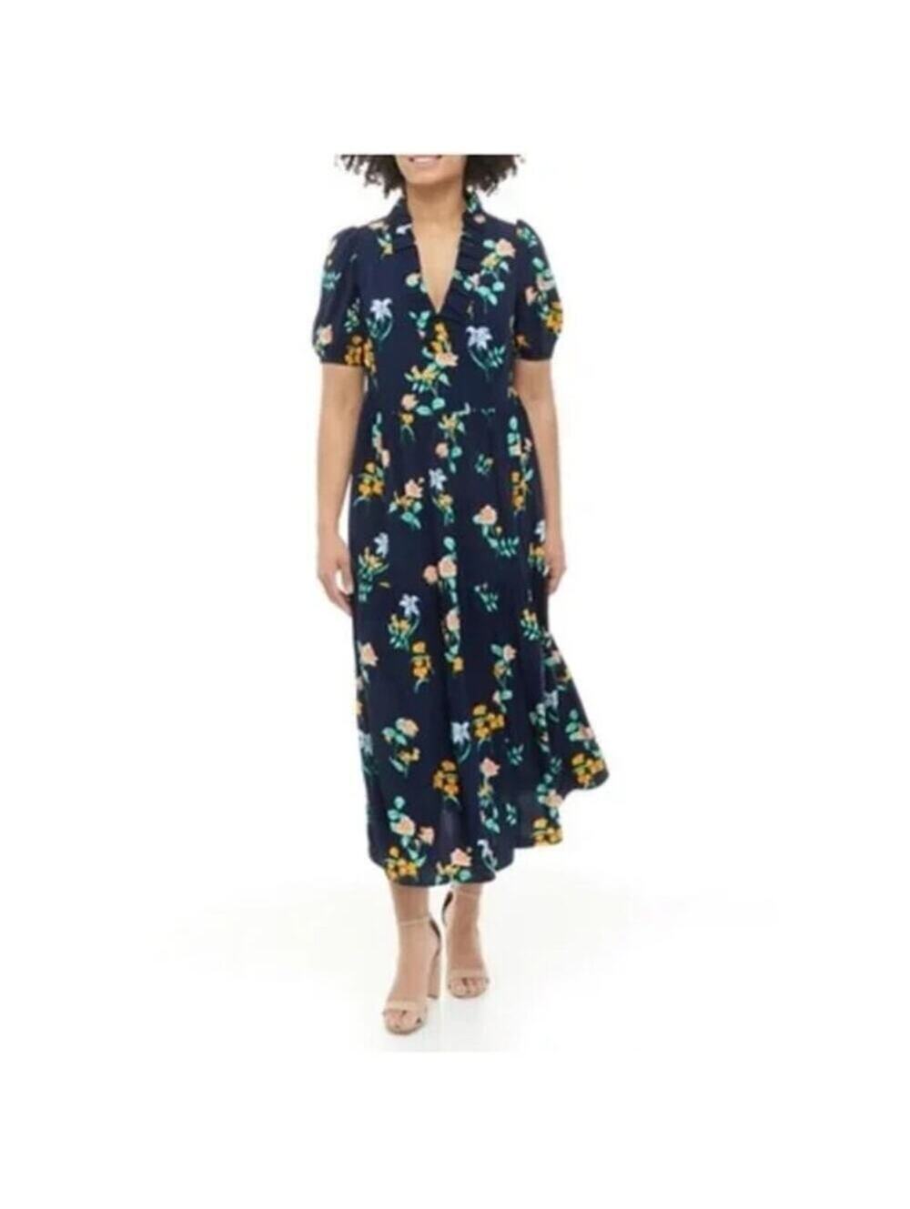 Crown & Ivy NWT Womens Blue Floral Tiered Midi Dress Short Sleeve Ruffle VNeck M